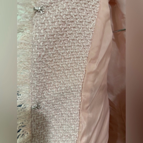 Venus Blush Pink Tweed Bouclé Coat Fringe Trim Long Jacket Size 12 Chic Classic - Picture 7 of 9